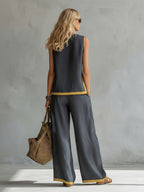 Conjunto Mujer con Pantalón Palazzo Contraste Amarillo Casual Elegante Verano