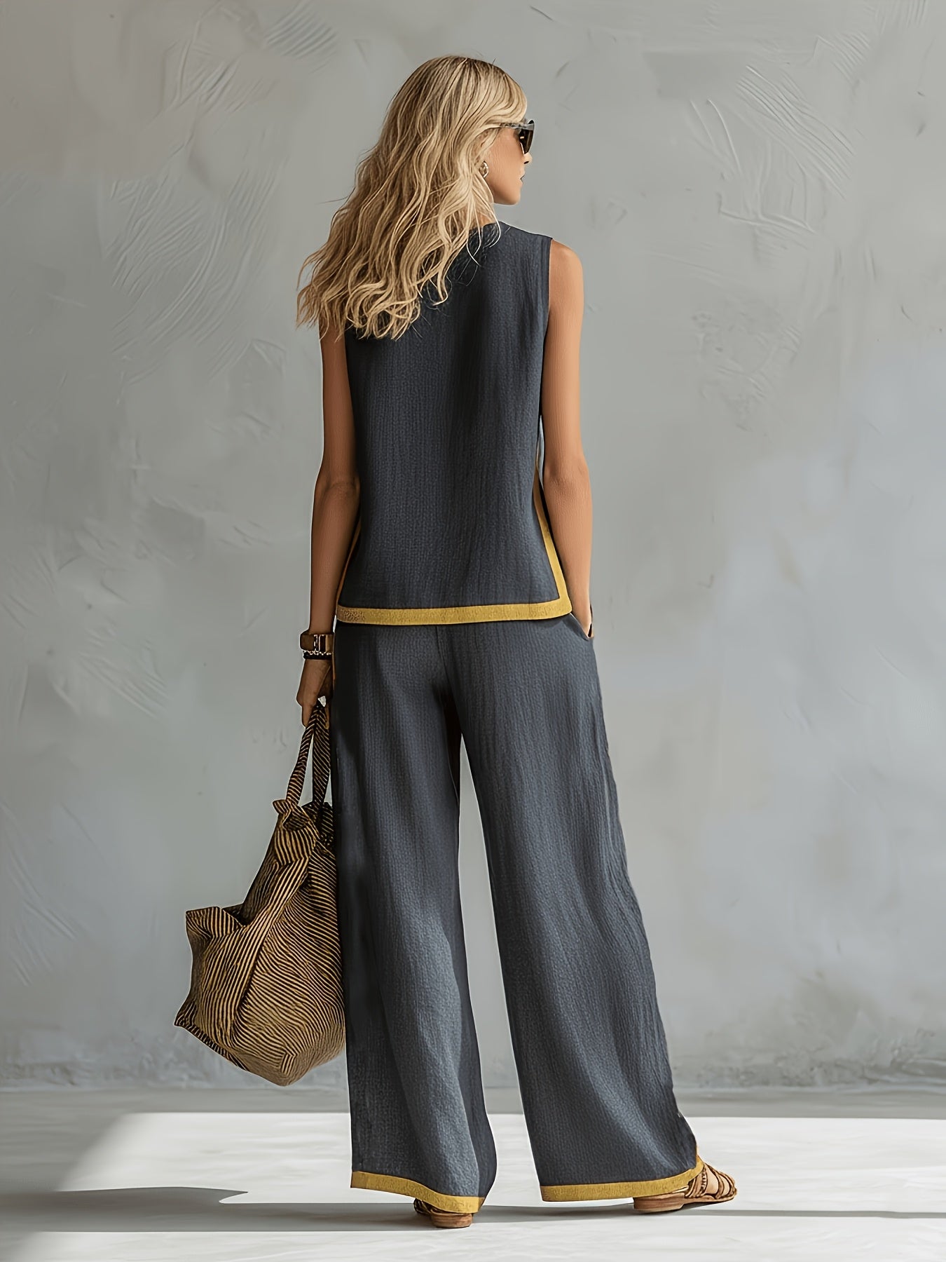 Conjunto Mujer con Pantalón Palazzo Contraste Amarillo Casual Elegante Verano