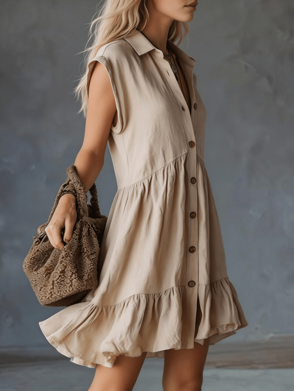 Vestido mini elegante y cómodo para mujer, color albaricoque, hombros anchos, sin mangas, moda especial