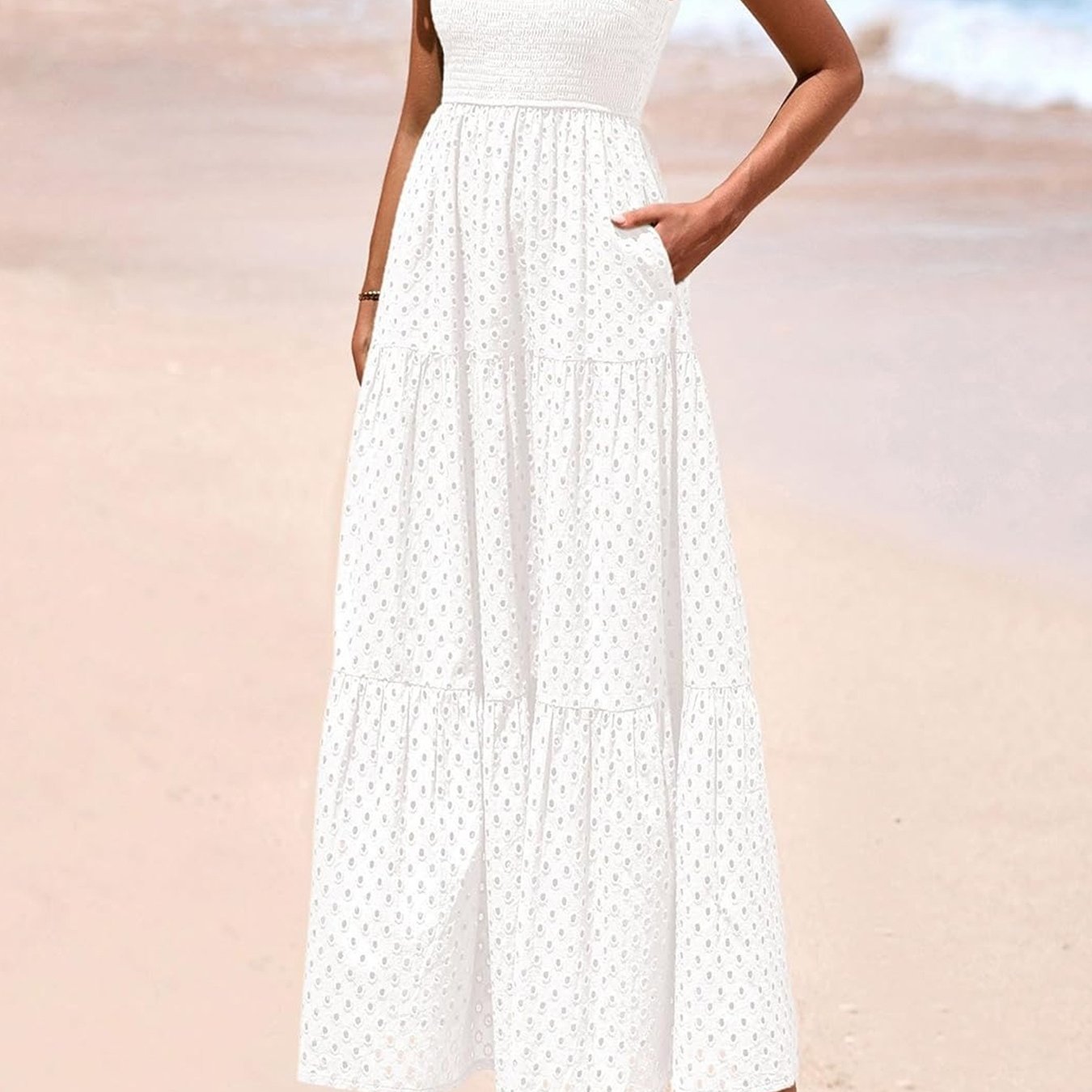 Elegante Vestido Midi de Verano para Mujer con Cuello Cuadrado, Manga Abullonada, Detalles de Encaje y Falda en A con Capas y Bolsillos - Color Sólido, Diseño Fluido Adecuado para Ocasiones Casuales o Formales, Vestido Largo Fluido sin Mangas