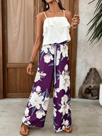 Conjunto Mujer Blusa Blanca con Volantes y Pantalón Palazzo Floral Negro Casual Elegante Verano