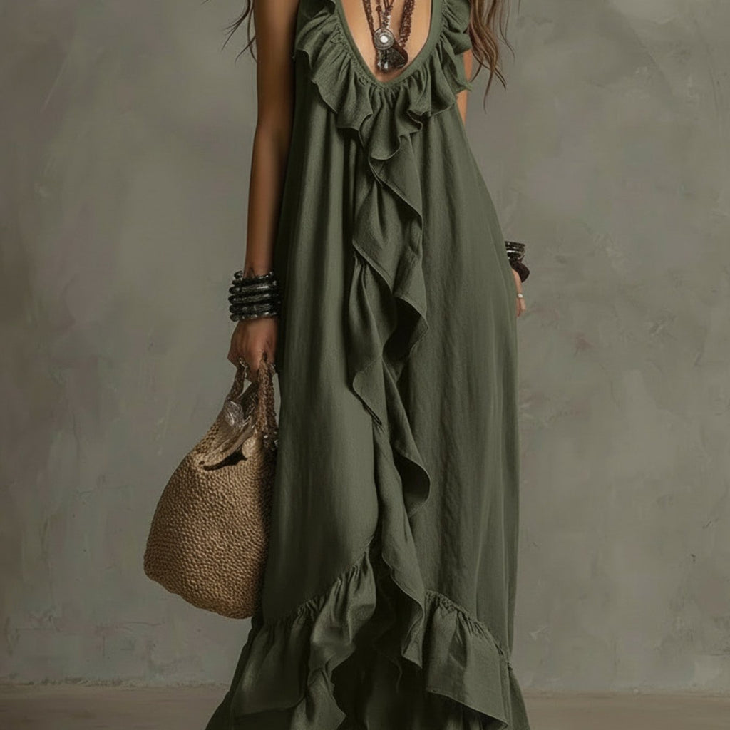 Vestido Maxi Negro Volantes Escote V Profundo Sin Manga Boho Chic Playa Noche Mujer Elegante