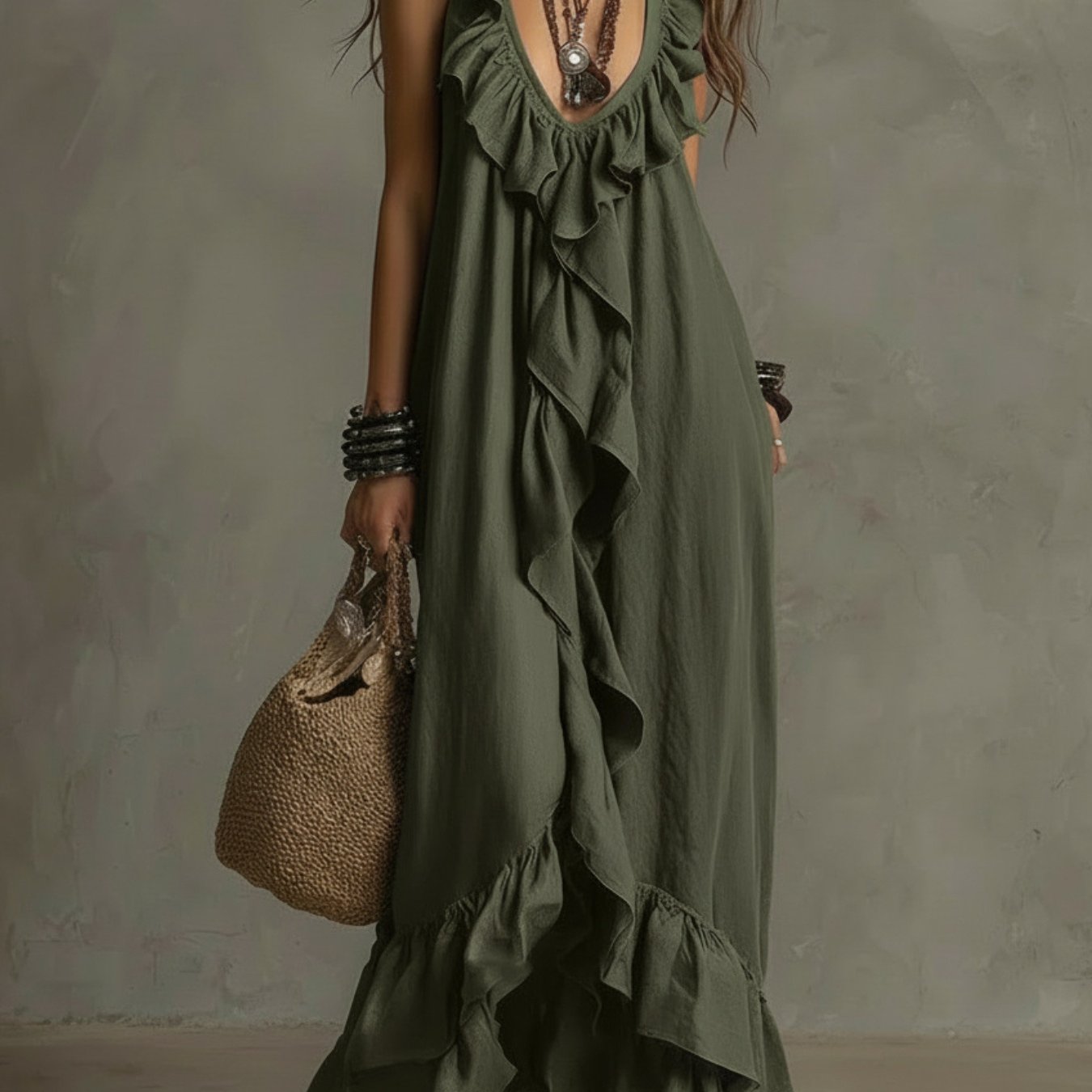 Vestido Maxi Negro Volantes Escote V Profundo Sin Manga Boho Chic Playa Noche Mujer Elegante