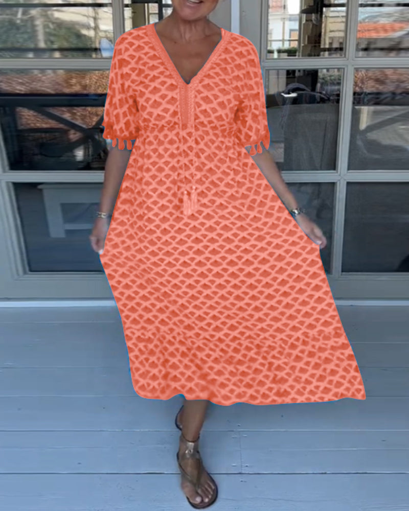 Vestido Midi Estampado Geométrico Boho Flecos Manga 3/4 Bordado Escote V Casual Playa Mujer