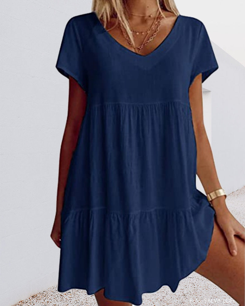 Vestido Corto lino Escote V Manga Corta Falda Escalonada Baby Doll Casual Playa Verano Mujer
