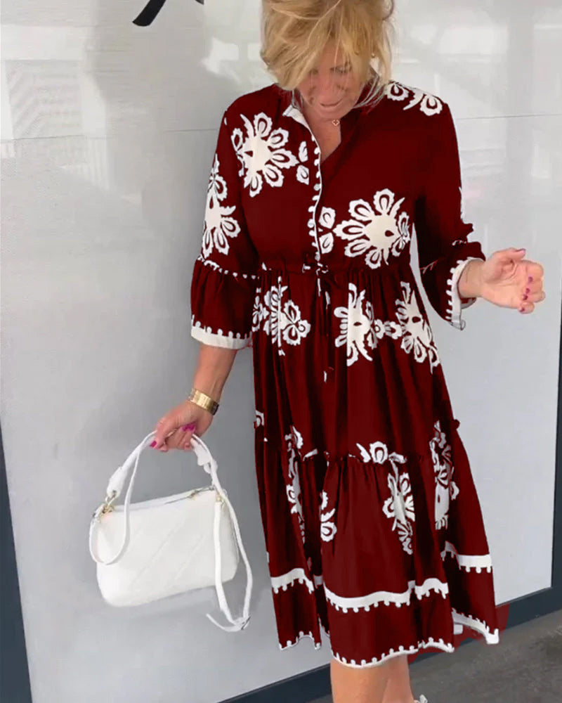 Vestido Midi Blanco Estampado Medallón Floral Manga Acampanada Escalonado Boho Mujer