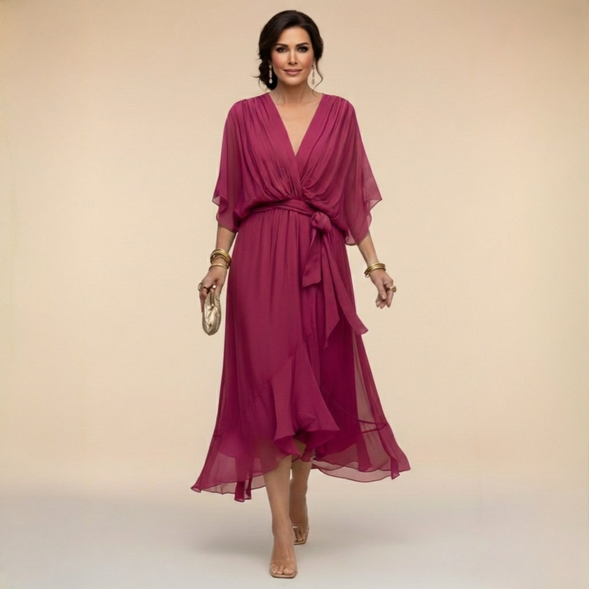 Vestido Midi Femenino Elegante con Escote en V y Cinturón para Fiesta