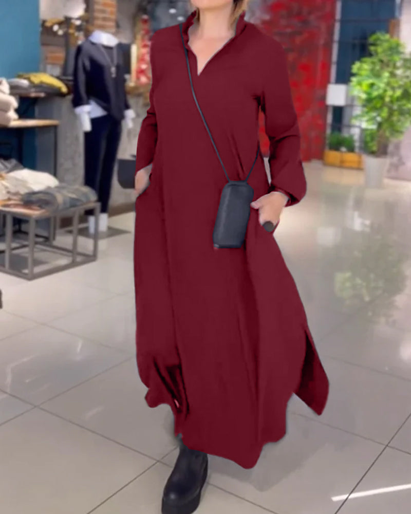 Vestido Maxi Holgado con Bolsillos Manga Larga Casual Elegante de Corte Amplio y Caída Fluida
