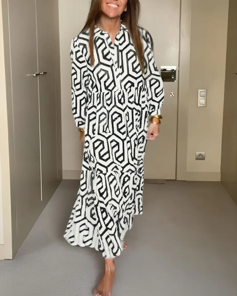 Vestido Maxi Camisero Estampado Geométrico Manga Larga Volante Boho Casual Playa Mujer