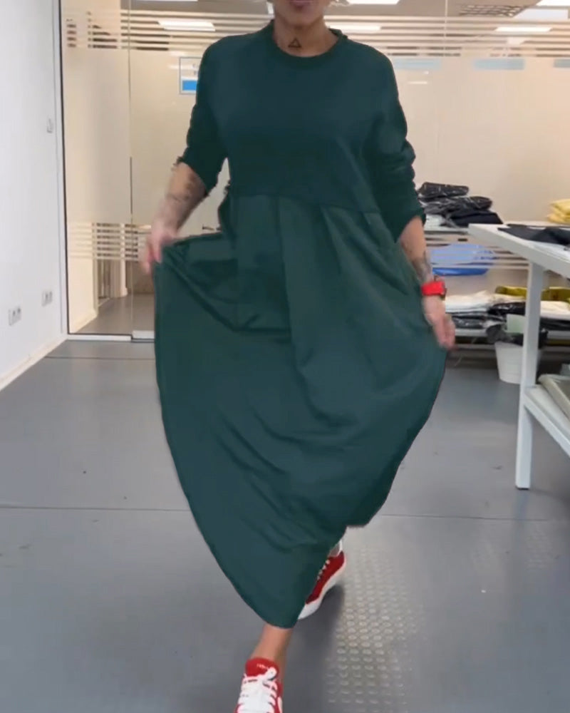 Vestido Maxi Bimaterial Top Punto Manga Larga Falda Satinada Vuelo Elegante Evento Mujer