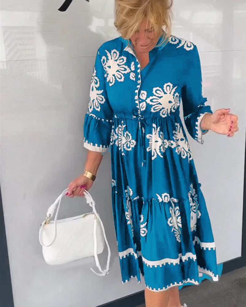 Vestido Midi Blanco Estampado Medallón Floral Manga Acampanada Escalonado Boho Mujer