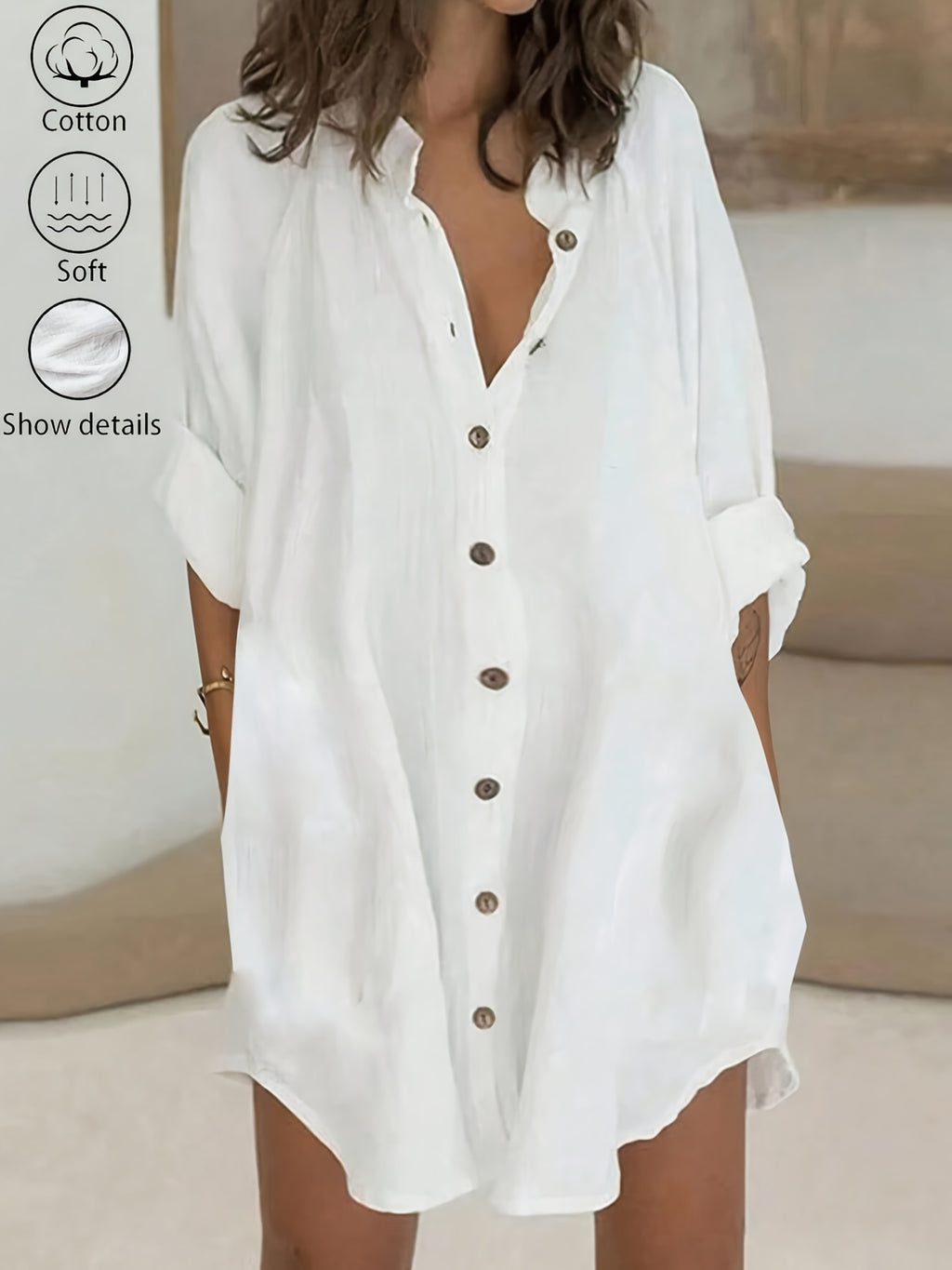 Vestido casual de mujer 100% con cuello y botones, camisa de primavera verano para trabajo diario, fácil, color liso, manga 3/4, vestido corto