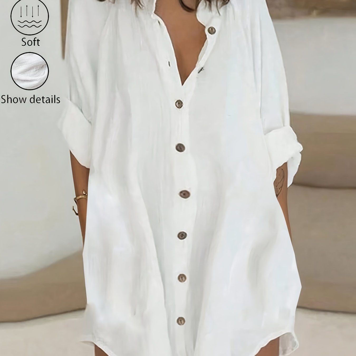 Vestido casual de mujer 100% con cuello y botones, camisa de primavera verano para trabajo diario, fácil, color liso, manga 3/4, vestido corto