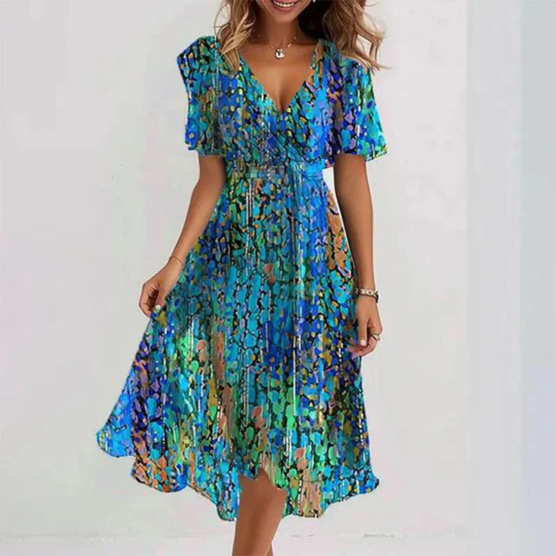 Vestido Femenino Floral Midi con Escote en V para Verano Multicolor
