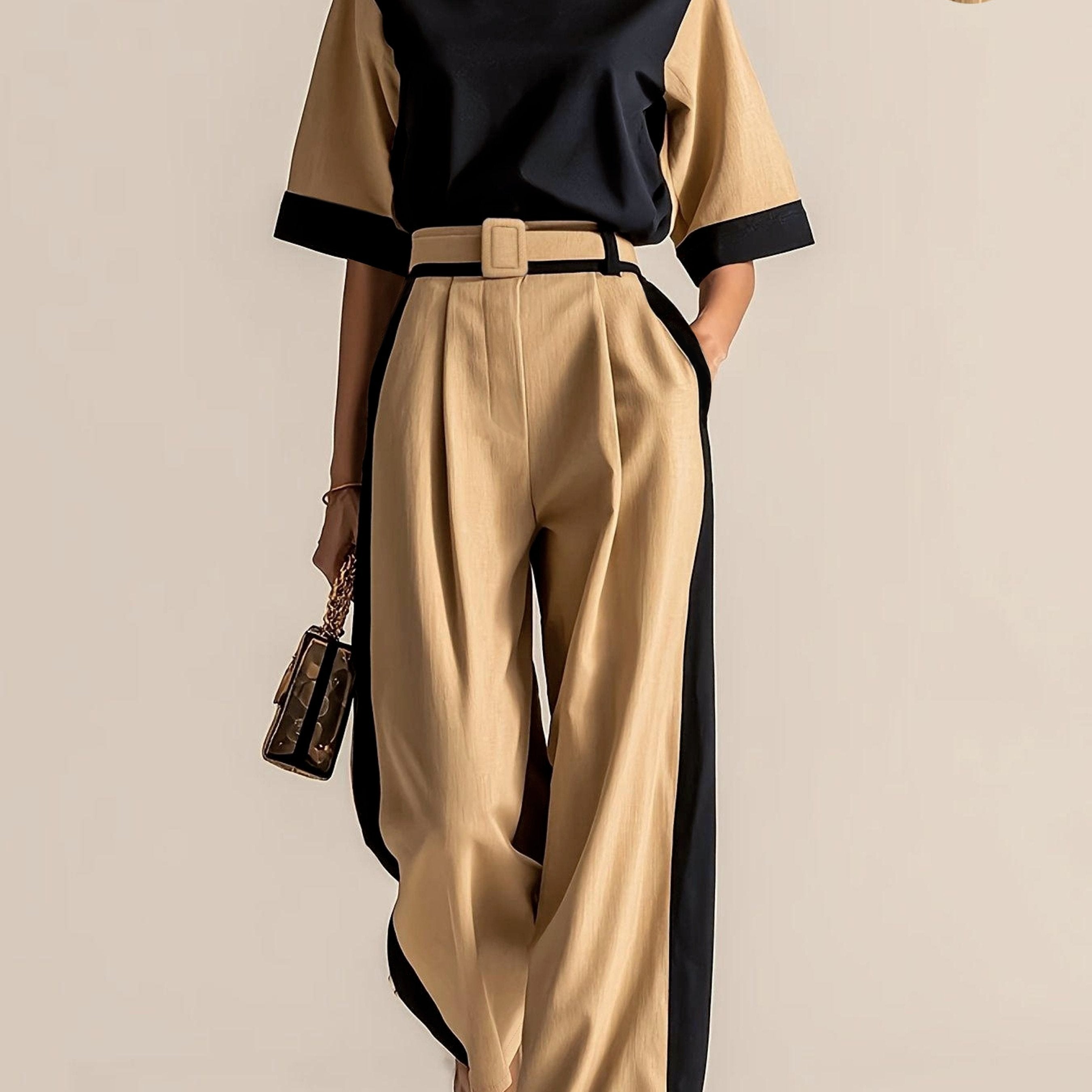 Conjunto 3 Piezas Negro Camel Color Block Top Oversize Pantalón Palazzo con Cinturón Elegante Mujer