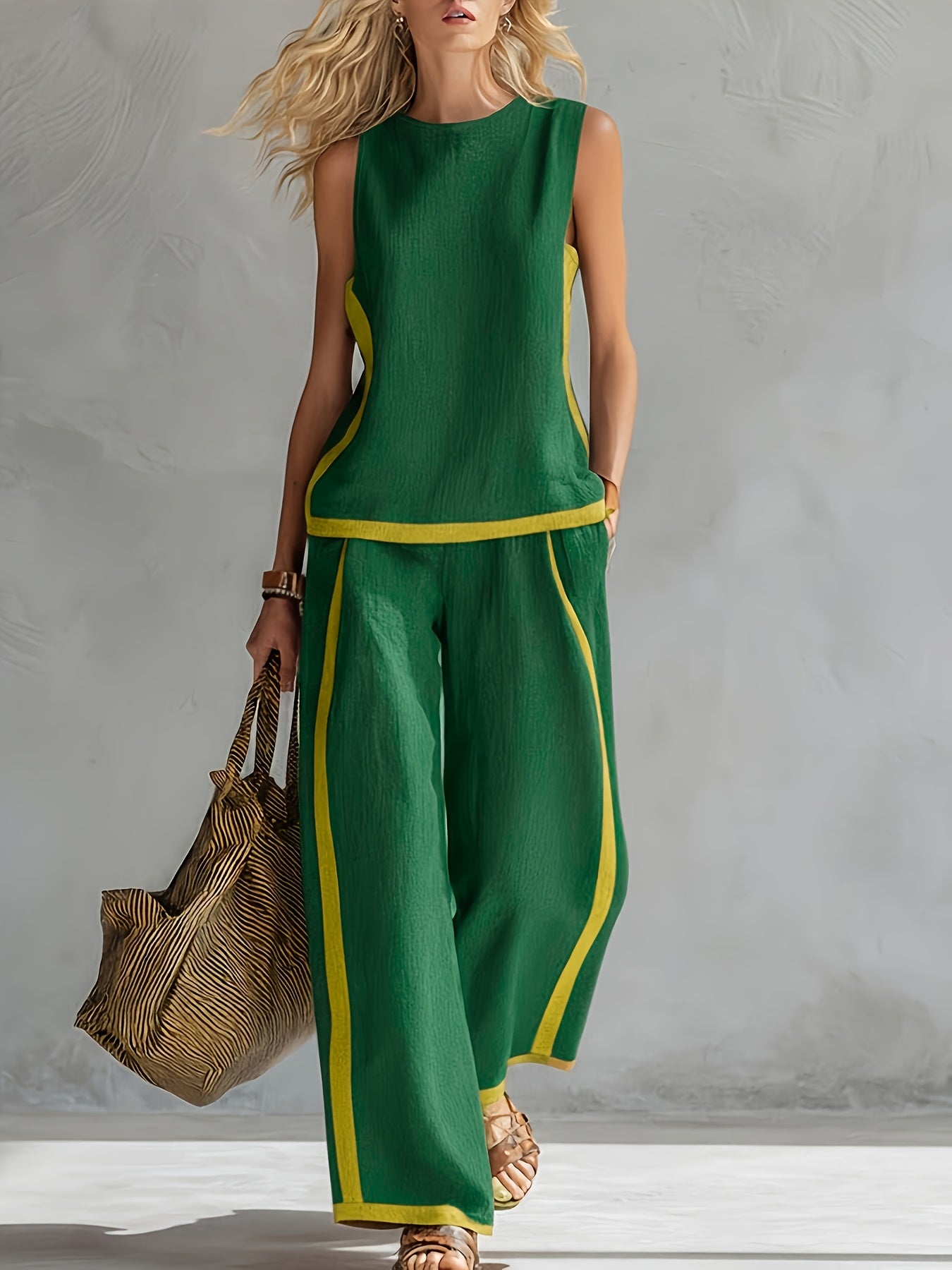 Conjunto Mujer con Pantalón Palazzo Contraste Amarillo Casual Elegante Verano