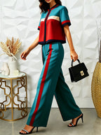 Conjunto 2 Piezas Color Block Verde Teal y Rojo Top Cropped Pantalón Recto Franja Sport Chic Mujer
