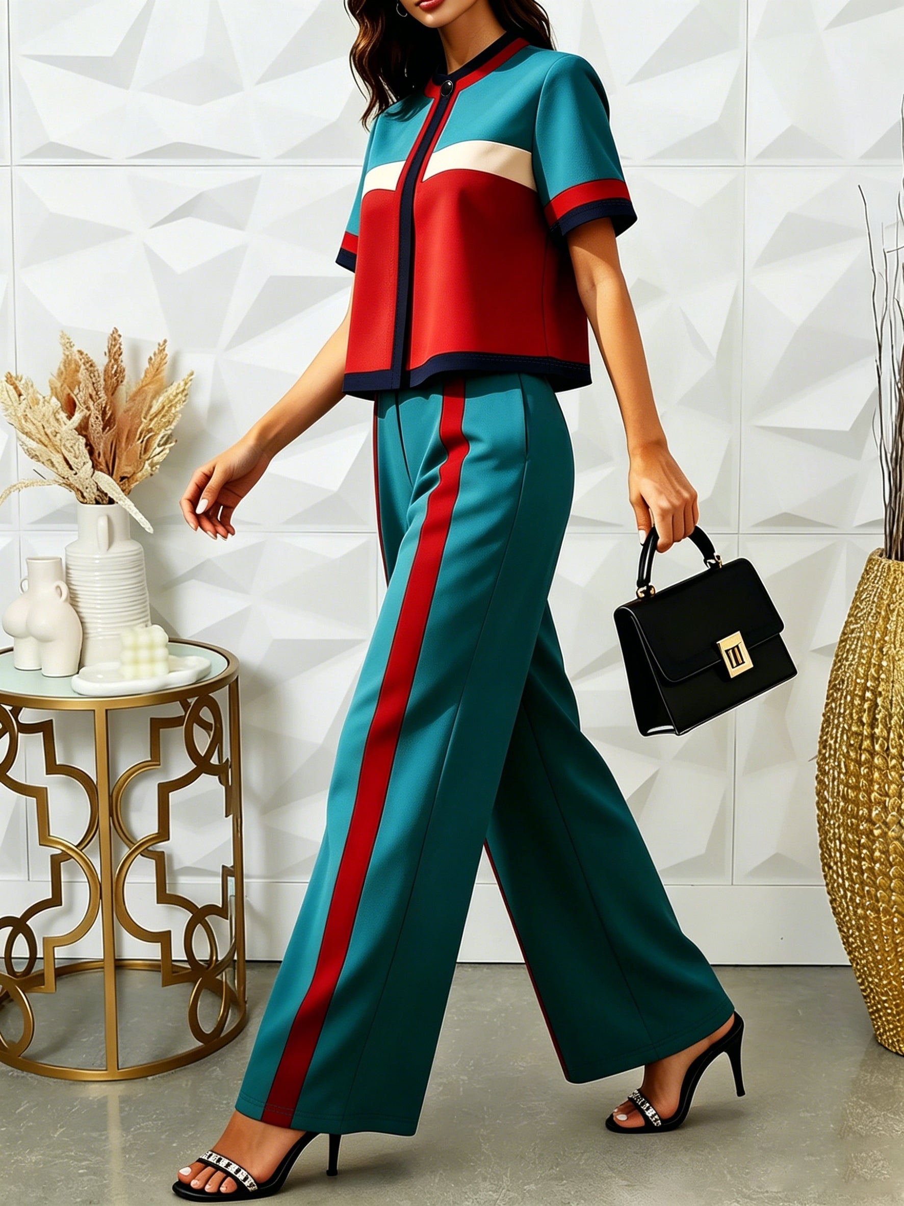 Conjunto 2 Piezas Color Block Verde Teal y Rojo Top Cropped Pantalón Recto Franja Sport Chic Mujer