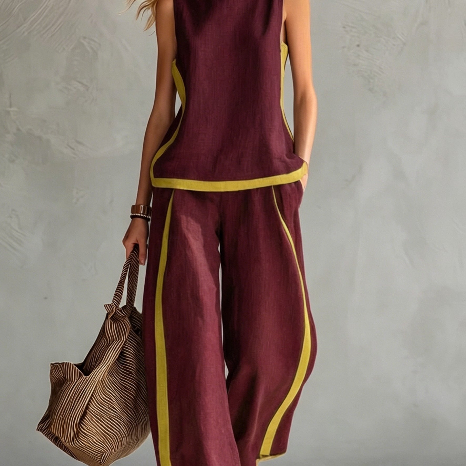 Conjunto Mujer con Pantalón Palazzo Contraste Amarillo Casual Elegante Verano