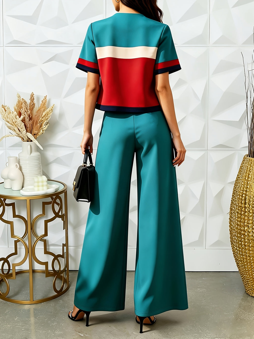 Conjunto 2 Piezas Color Block Verde Teal y Rojo Top Cropped Pantalón Recto Franja Sport Chic Mujer