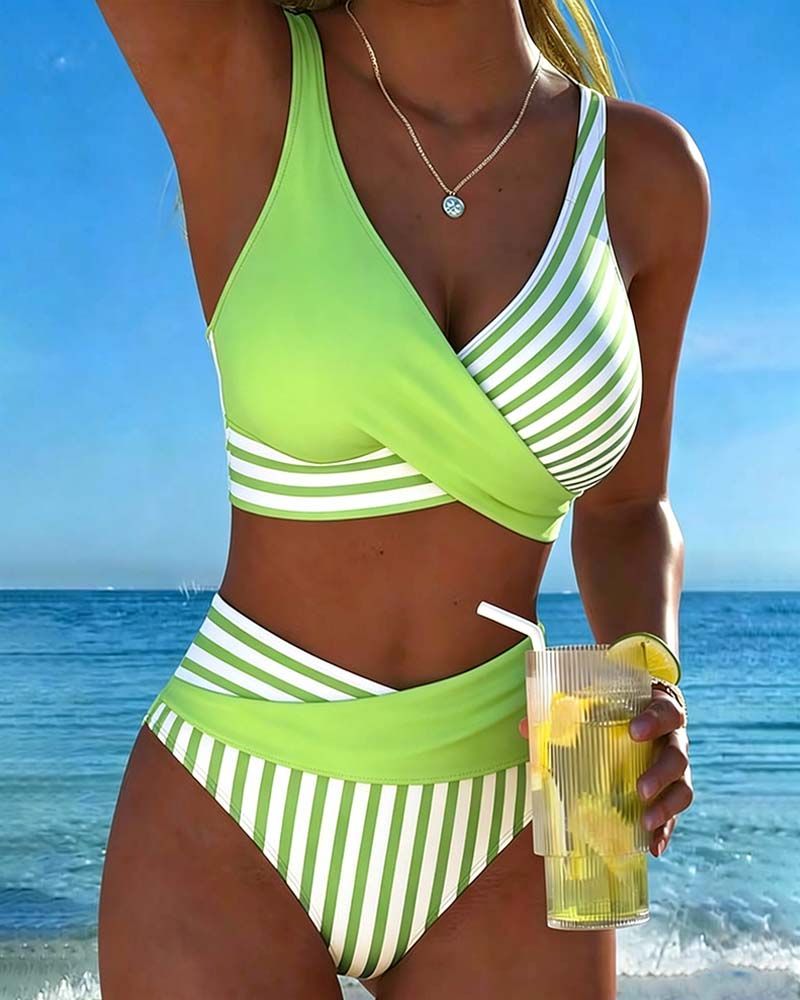 Bikini Cruzado de Cintura Alta con Rayas Marineras Estilo Playa y Vacaciones para Mujer
