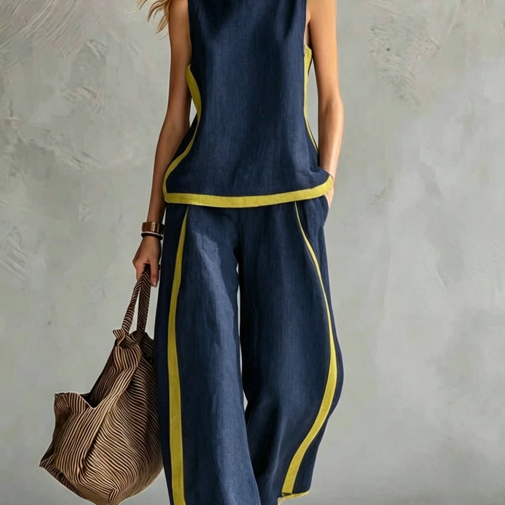 Conjunto Mujer con Pantalón Palazzo Contraste Amarillo Casual Elegante Verano