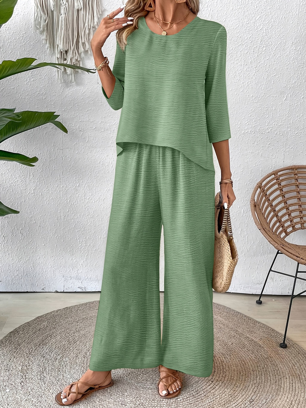 Conjunto 2 Piezas Top Crochet Espalda Manga 3/4 Pantalón Palazzo Casual Boho Mujer