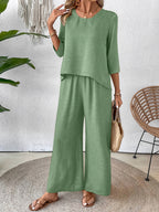 Conjunto 2 Piezas Top Crochet Espalda Manga 3/4 Pantalón Palazzo Casual Boho Mujer