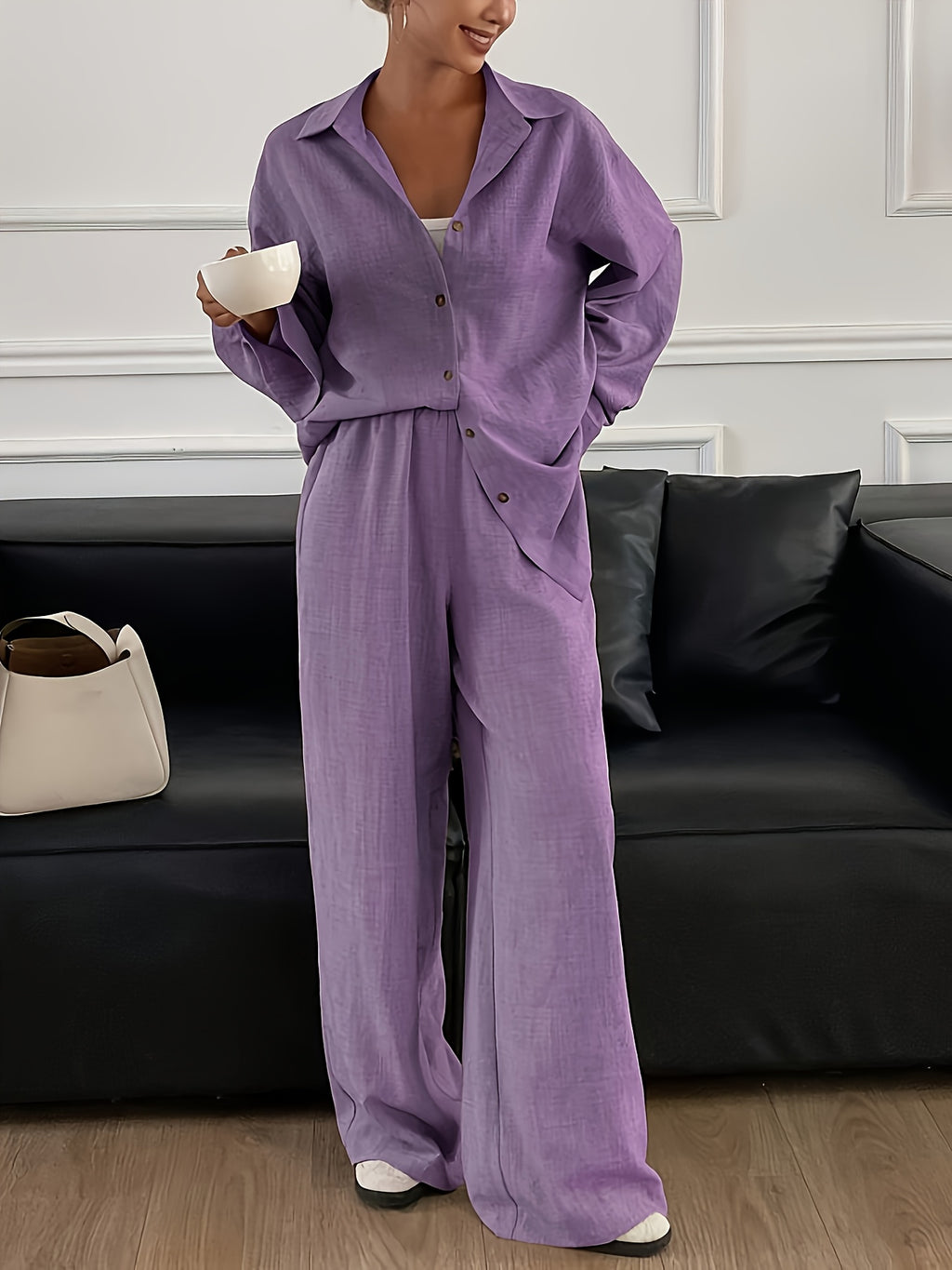 Conjunto Mujer Camisa Oversize y Pantalón Palazzo Casual Elegante de Lino para Oficina, Viaje y Verano