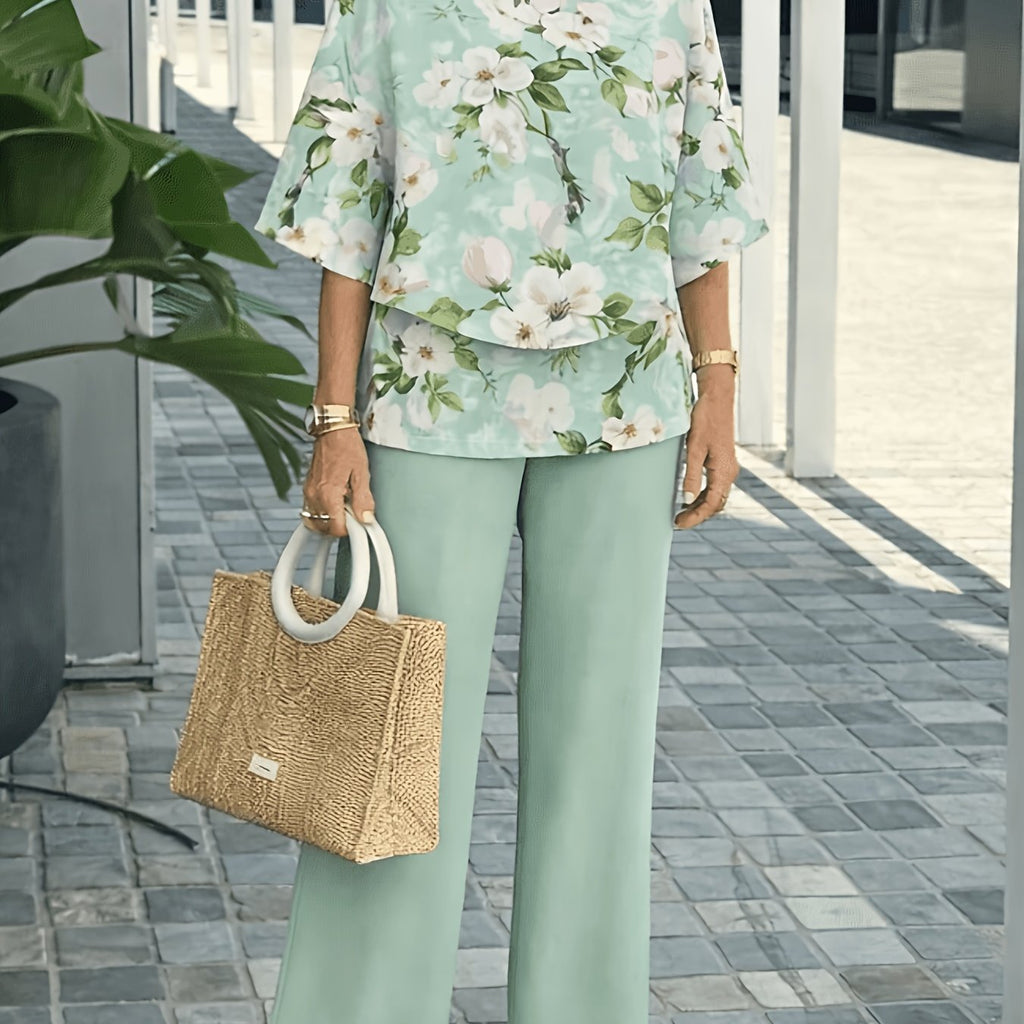 Conjunto 2 Piezas Verde Menta Blusa Floral Manga 3/4 y Pantalón Palazzo Casual Elegante Mujer
