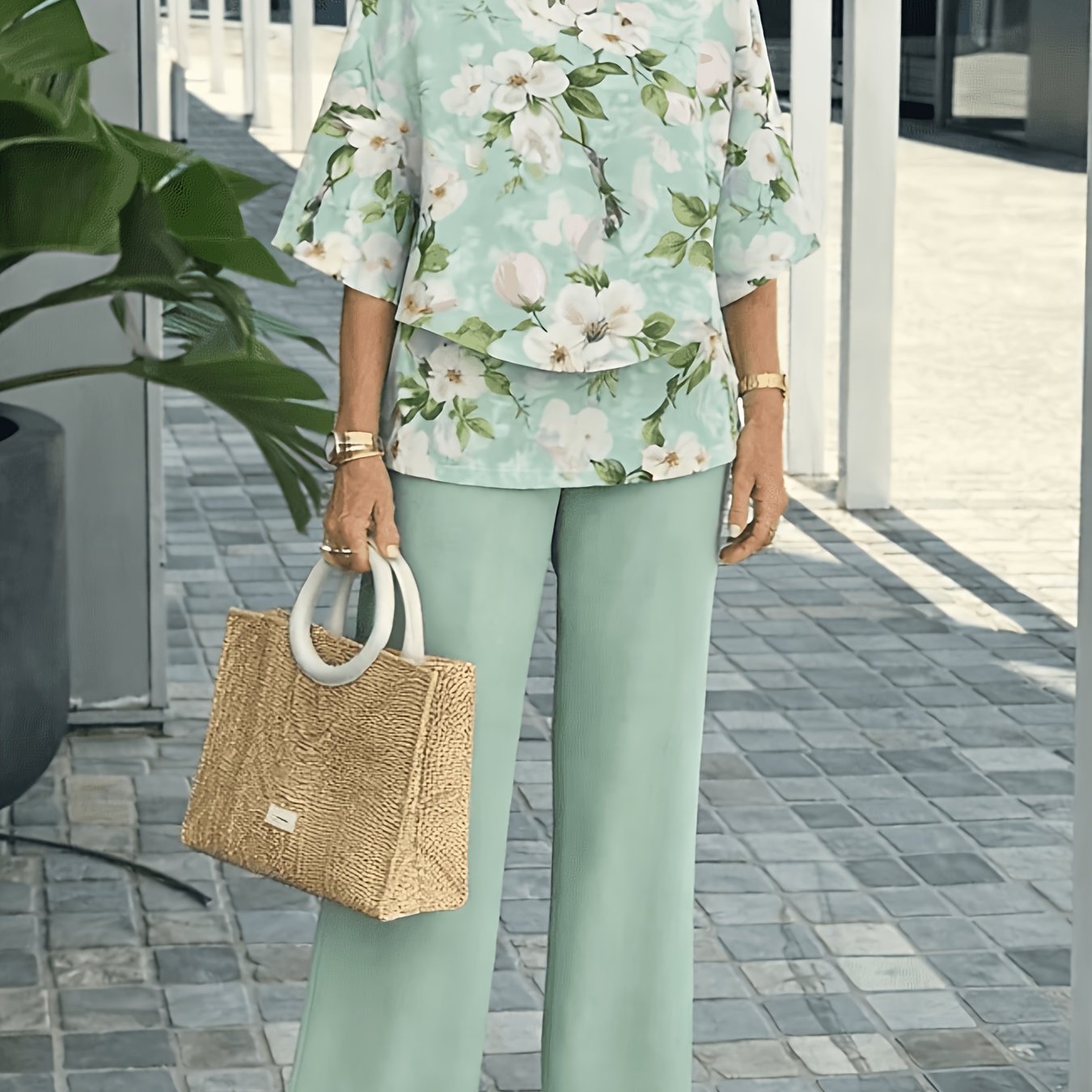Conjunto 2 Piezas Verde Menta Blusa Floral Manga 3/4 y Pantalón Palazzo Casual Elegante Mujer
