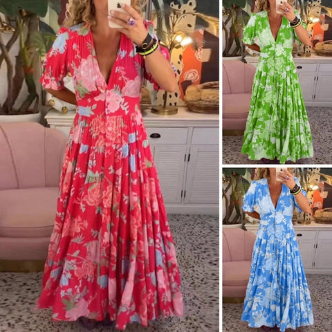 Vestido Largo Femenino Floral con Escote en V y Manga Corta para Verano