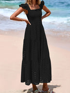 Vestido Midi Bordado Rey Estilo Playero para Verano con Tirantes y Detalle Calado
