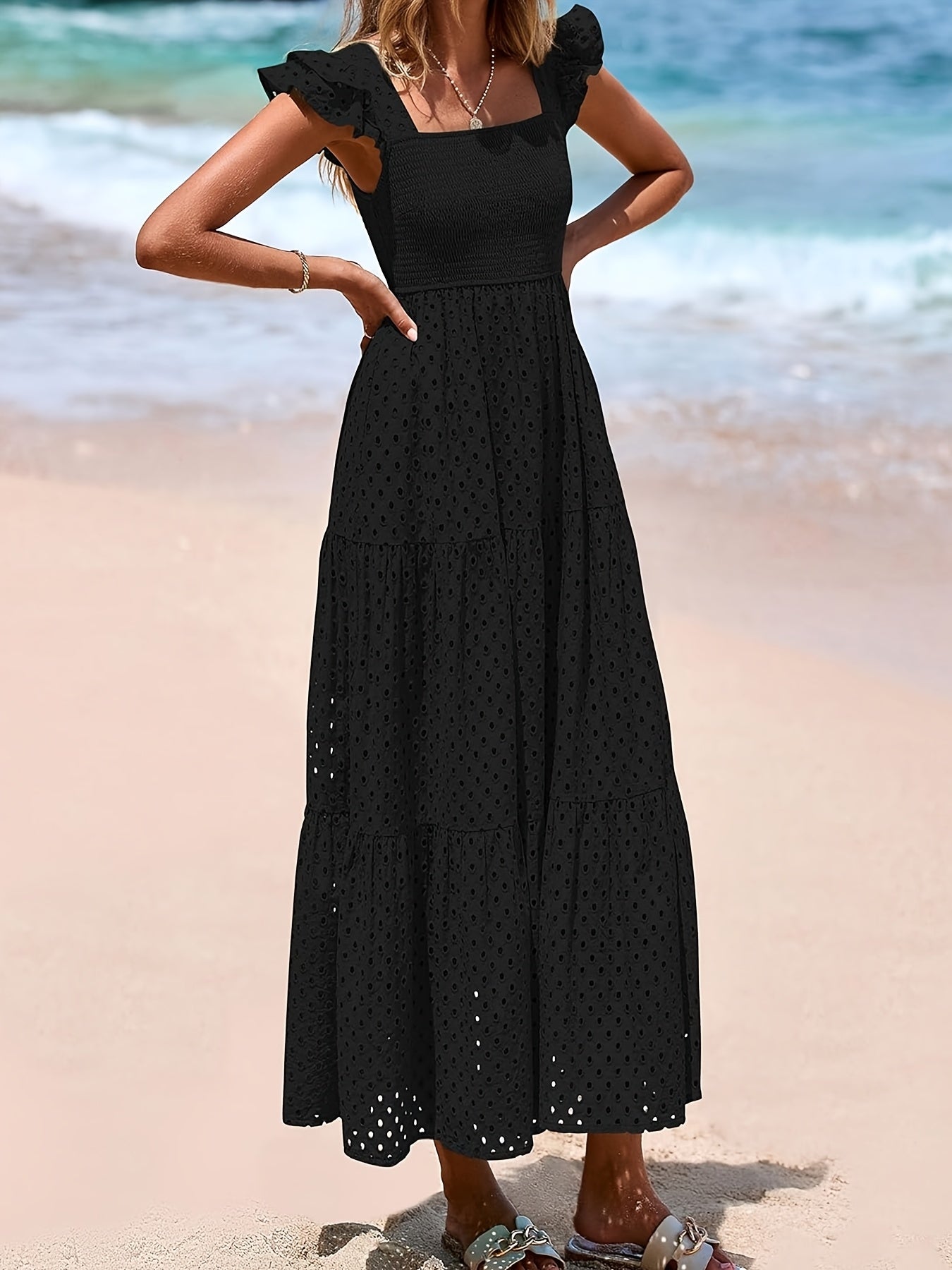 Elegante Vestido Midi de Verano para Mujer con Cuello Cuadrado, Manga Abullonada, Detalles de Encaje y Falda en A con Capas y Bolsillos - Color Sólido, Diseño Fluido Adecuado para Ocasiones Casuales o Formales, Vestido Largo Fluido sin Mangas
