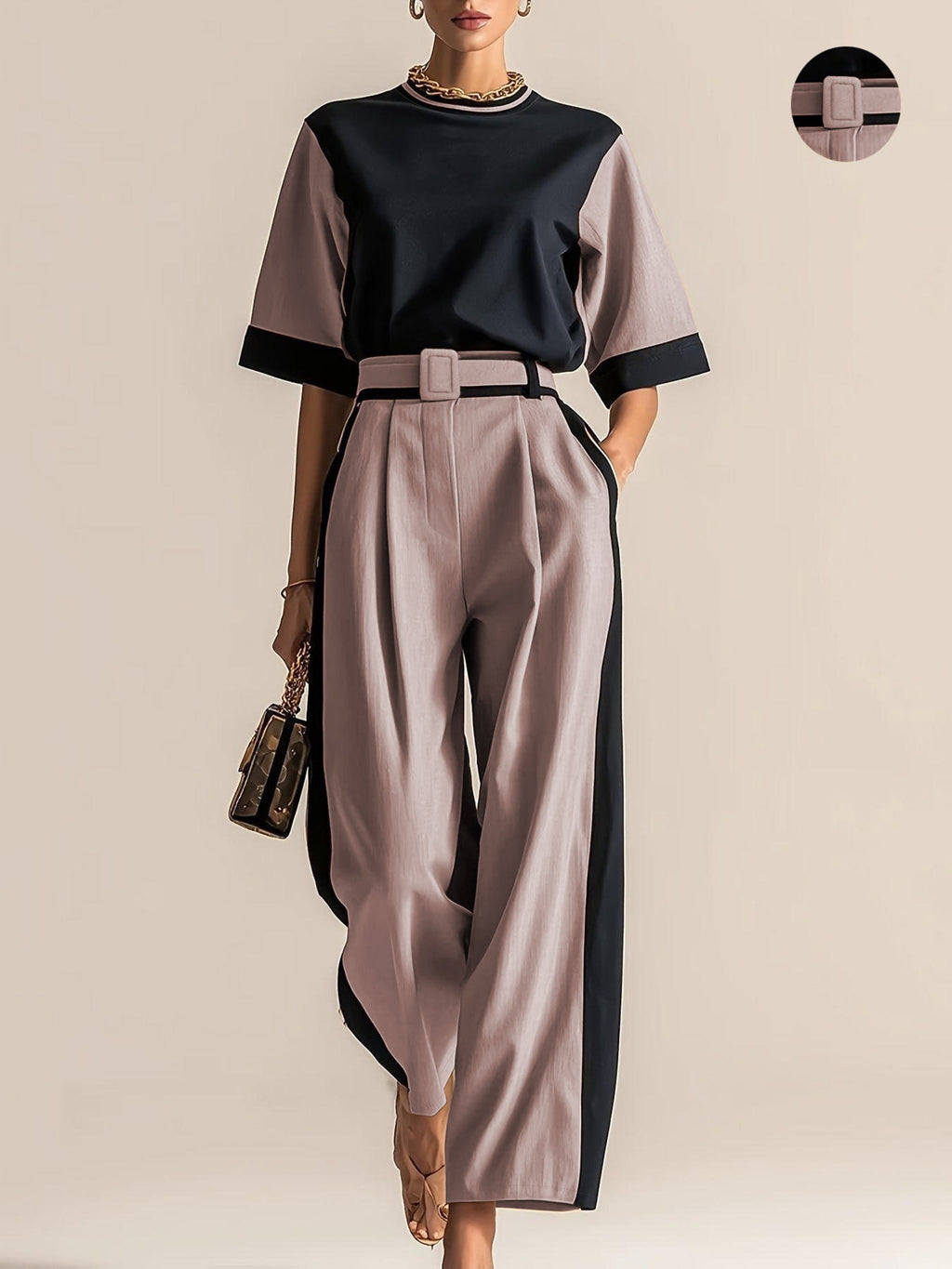 Conjunto 3 Piezas Negro Camel Color Block Top Oversize Pantalón Palazzo con Cinturón Elegante Mujer