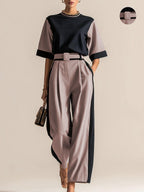 Conjunto 3 Piezas Negro Camel Color Block Top Oversize Pantalón Palazzo con Cinturón Elegante Mujer