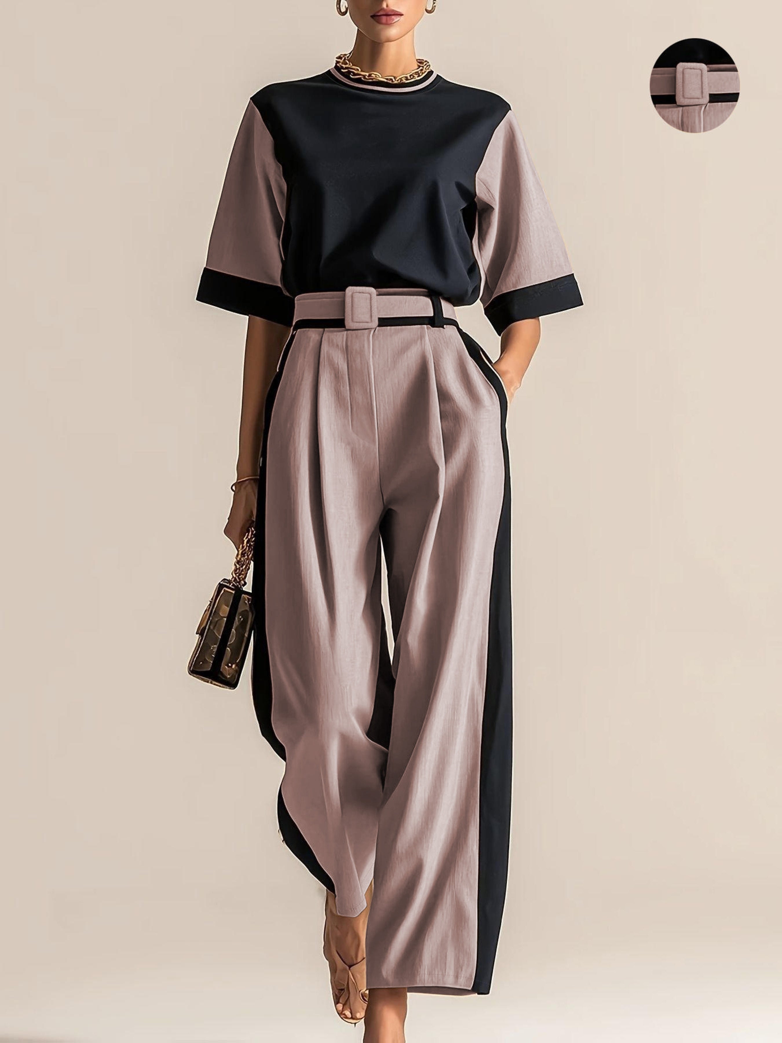 Conjunto 3 Piezas Negro Camel Color Block Top Oversize Pantalón Palazzo con Cinturón Elegante Mujer