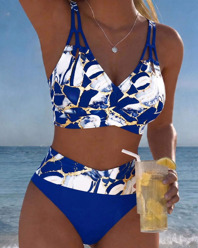 Bikini 2 Piezas Estampado Mármol Dorado Negro Tirantes Dobles Cruzados Top Triángulo Playa Mujer