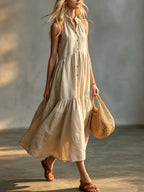 Vestido Maxi Beige Lino Sin Manga Halter Botones Falda Escalonada Boho Casual Playa Mujer