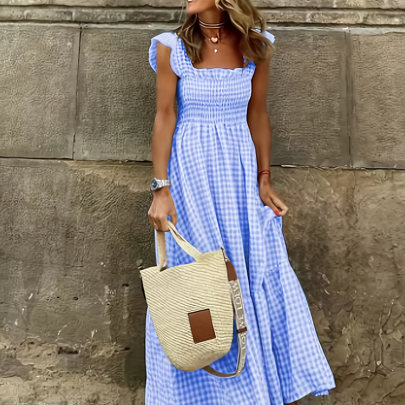 Vestido Maxi Casual Boho Chic con Escote Cuadrado y Falda Fluida Mujer