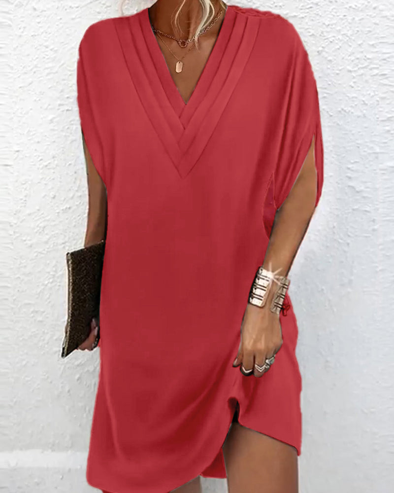 Vestido Corto Escote V Plisado Manga Abertura Lateral Elegante Tubo Semi-ajustado Mujer