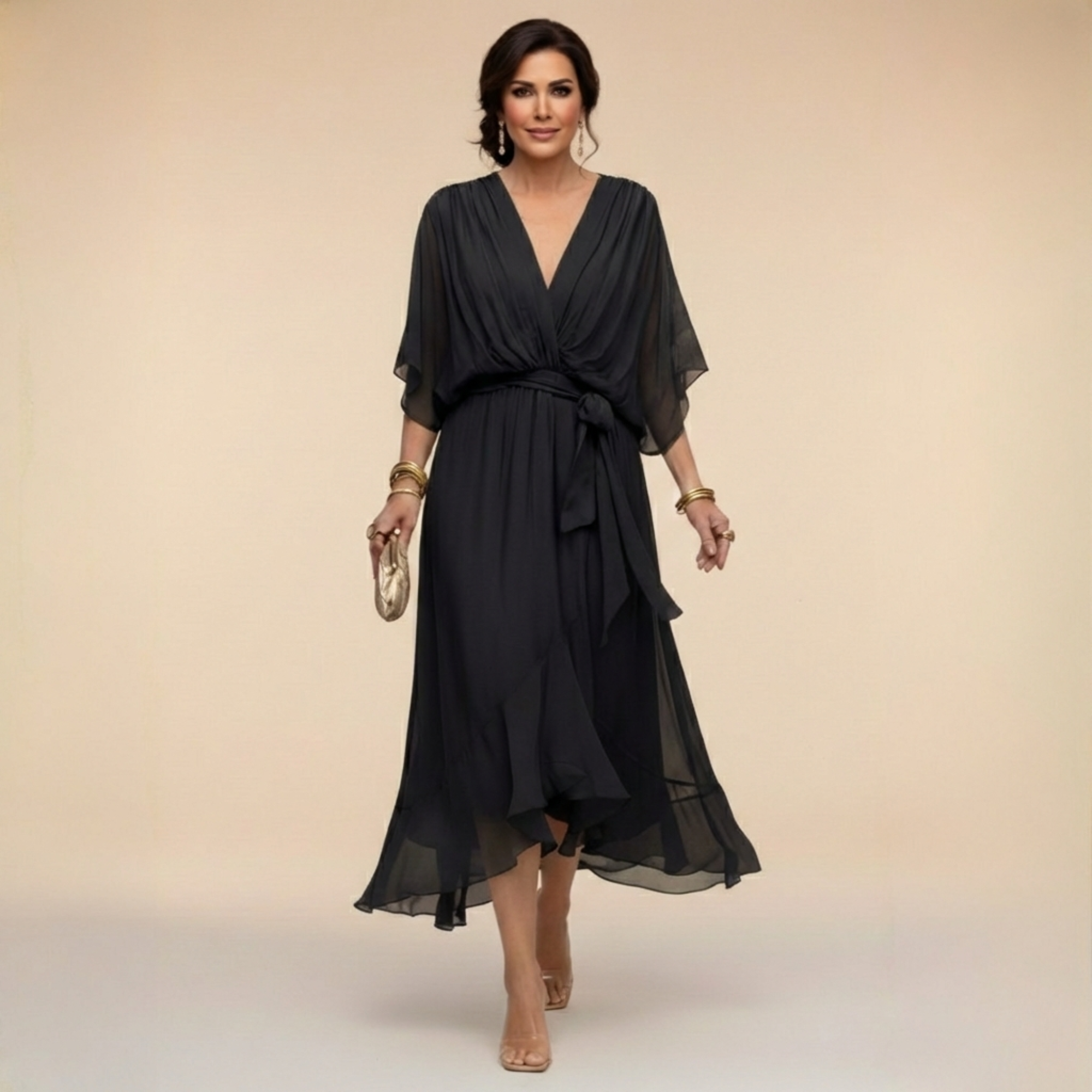 Vestido Midi Femenino Elegante con Escote en V y Cinturón para Fiesta