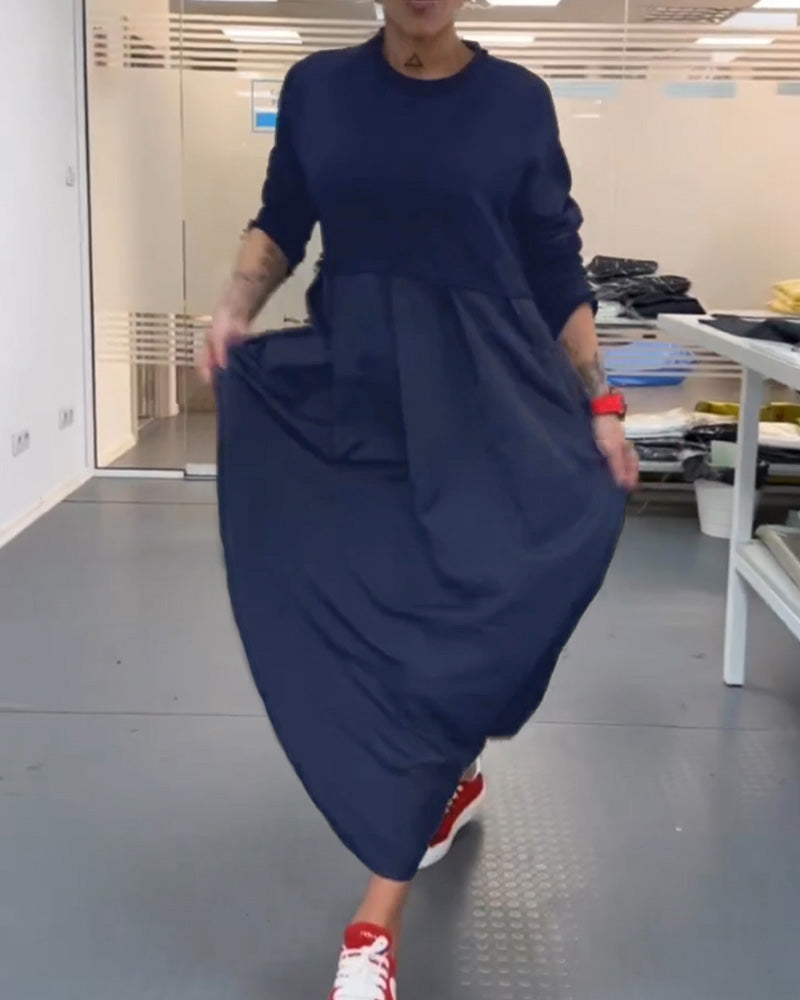Vestido Maxi Bimaterial Top Punto Manga Larga Falda Satinada Vuelo Elegante Evento Mujer