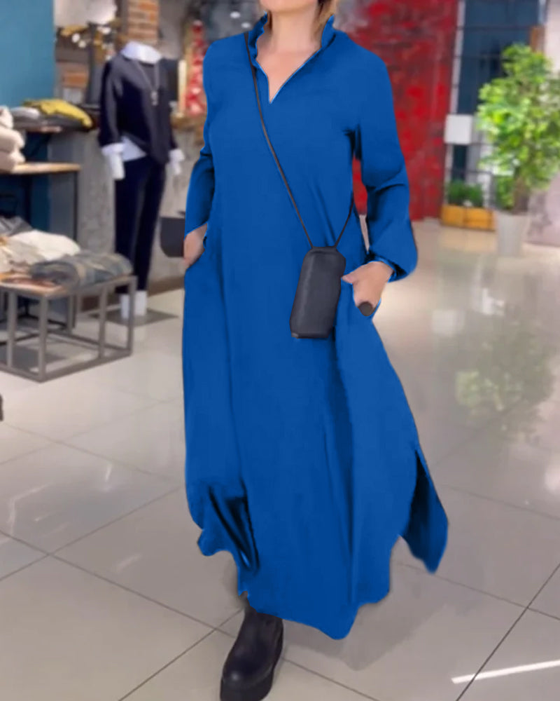 Vestido Maxi Holgado con Bolsillos Manga Larga Casual Elegante de Corte Amplio y Caída Fluida