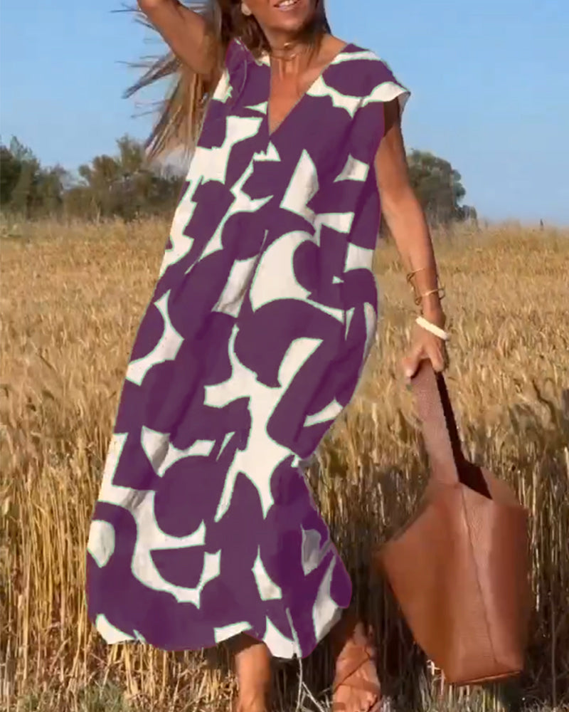 Vestido Largo Holgado con Escote V Casual Elegante Estampado Geométrico Fluido