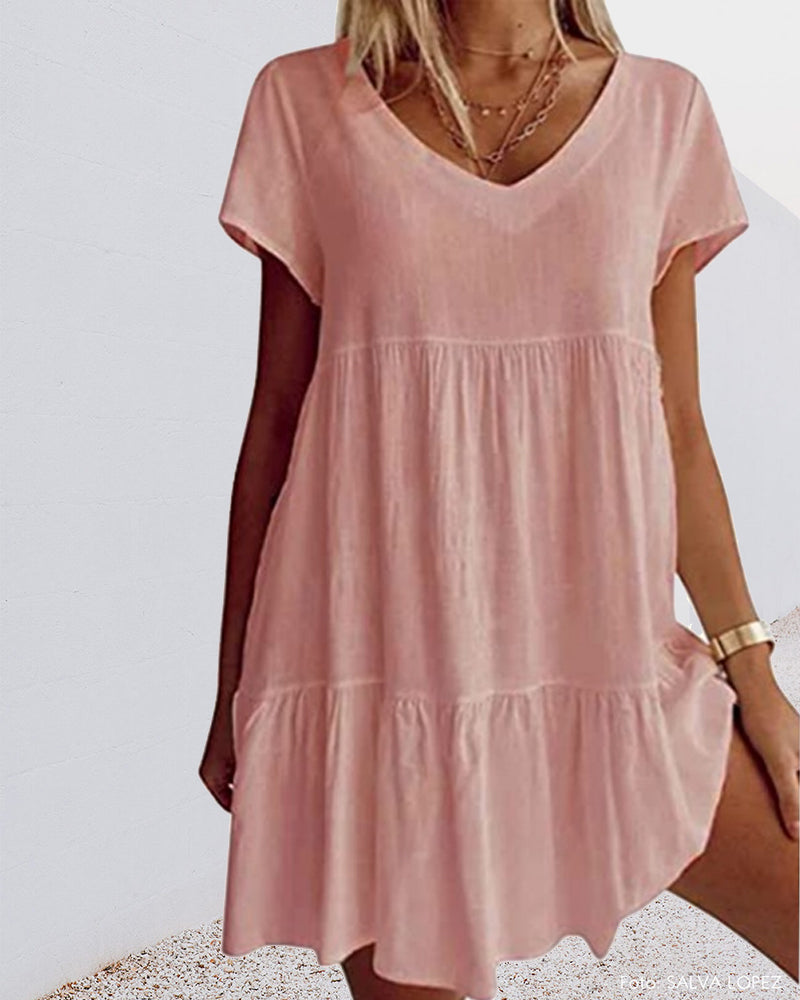 Vestido Corto lino Escote V Manga Corta Falda Escalonada Baby Doll Casual Playa Verano Mujer