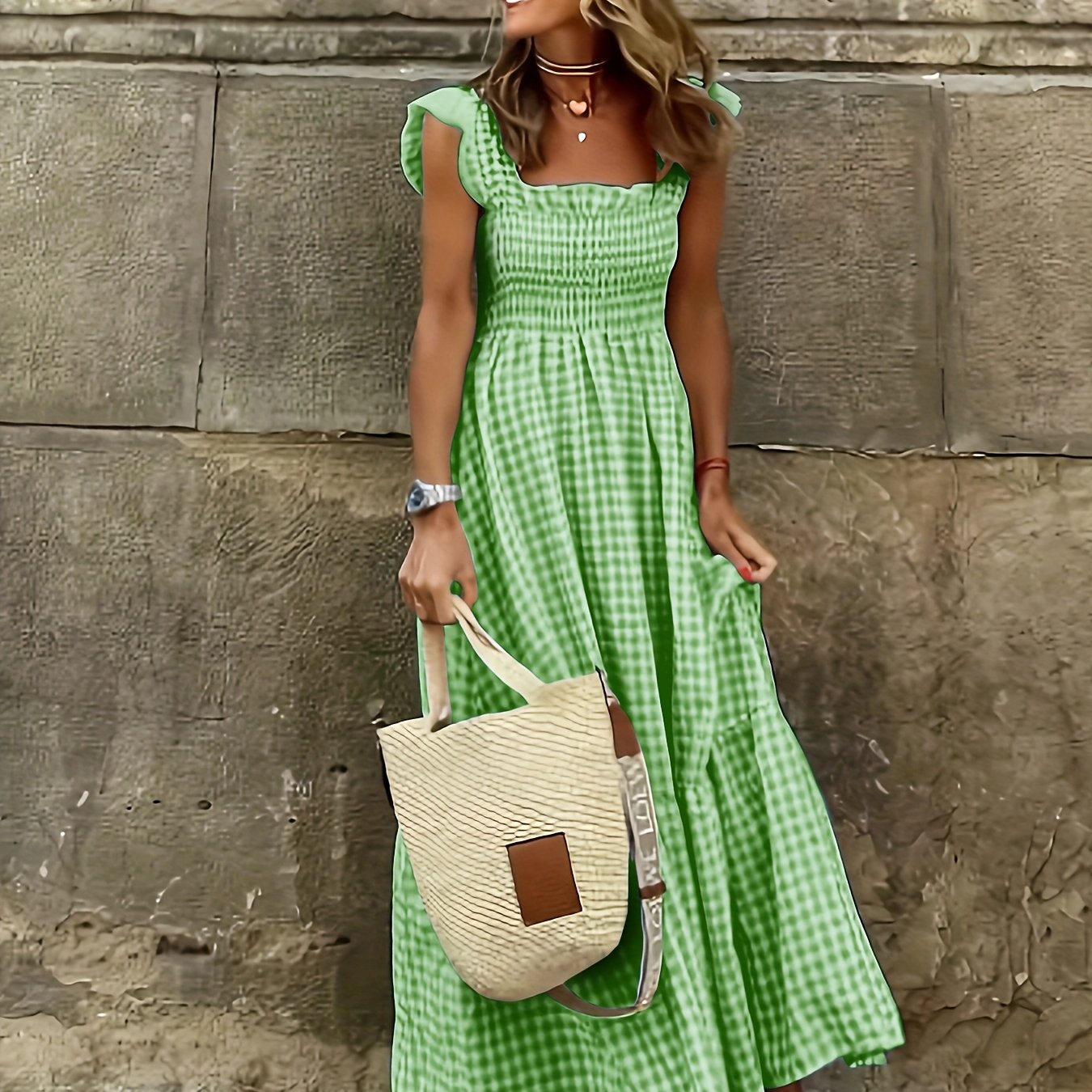 Vestido Maxi Casual Boho Chic con Escote Cuadrado y Falda Fluida Mujer