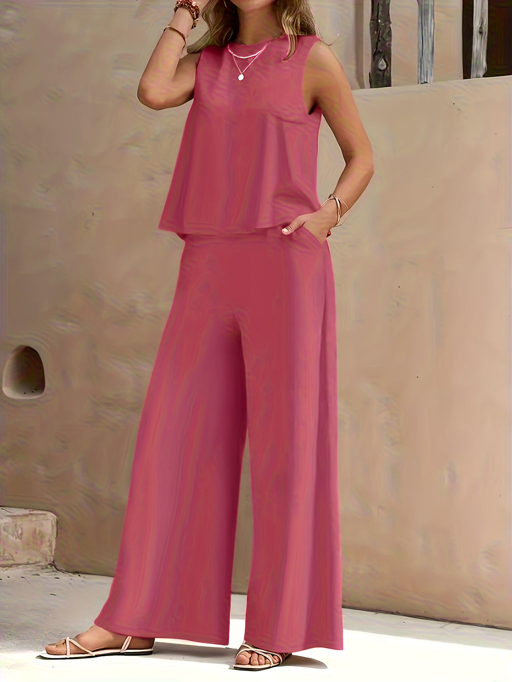 Conjunto Mujer Blusa Sin Mangas y Pantalón Palazzo Amplio Casual Cómodo para Verano, Viajes y Uso Diario