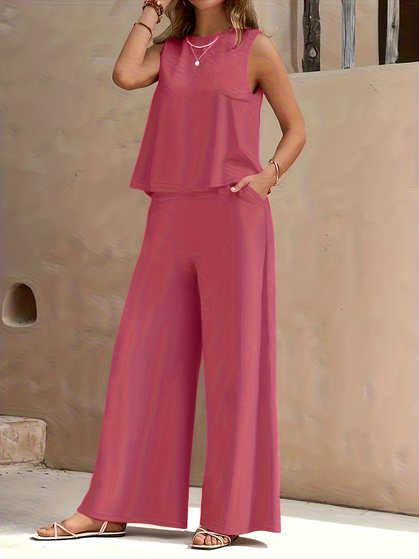 Conjunto Mujer Blusa Sin Mangas y Pantalón Palazzo Amplio Casual Cómodo para Verano, Viajes y Uso Diario