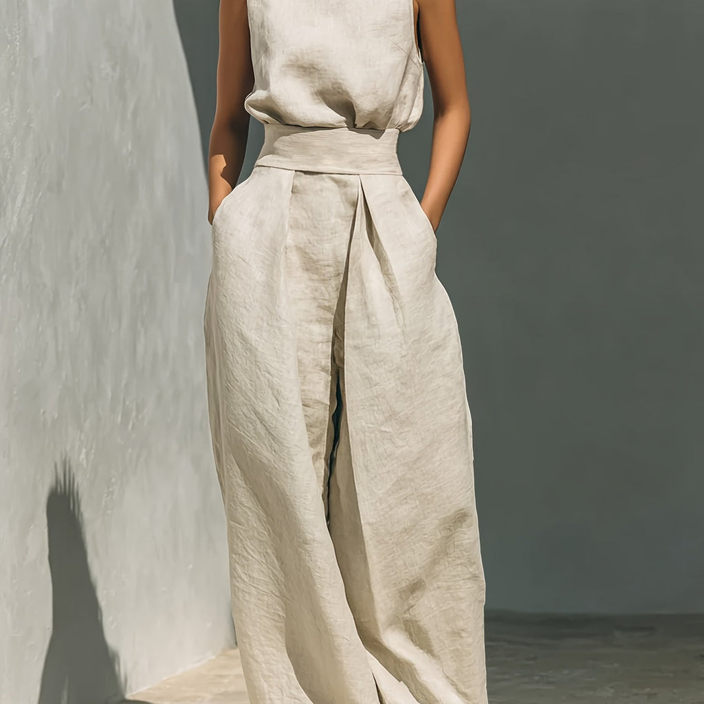 Conjunto Mujer de Lino Beige con Pantalón Palazzo y Blusa Sin Mangas Casual Elegante Verano